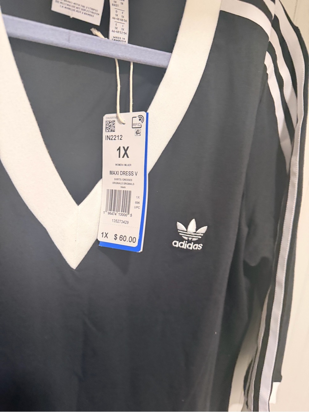 adidas Black V-Neck Maxi Dress with White Stripe Detail - Picture 7 of 7